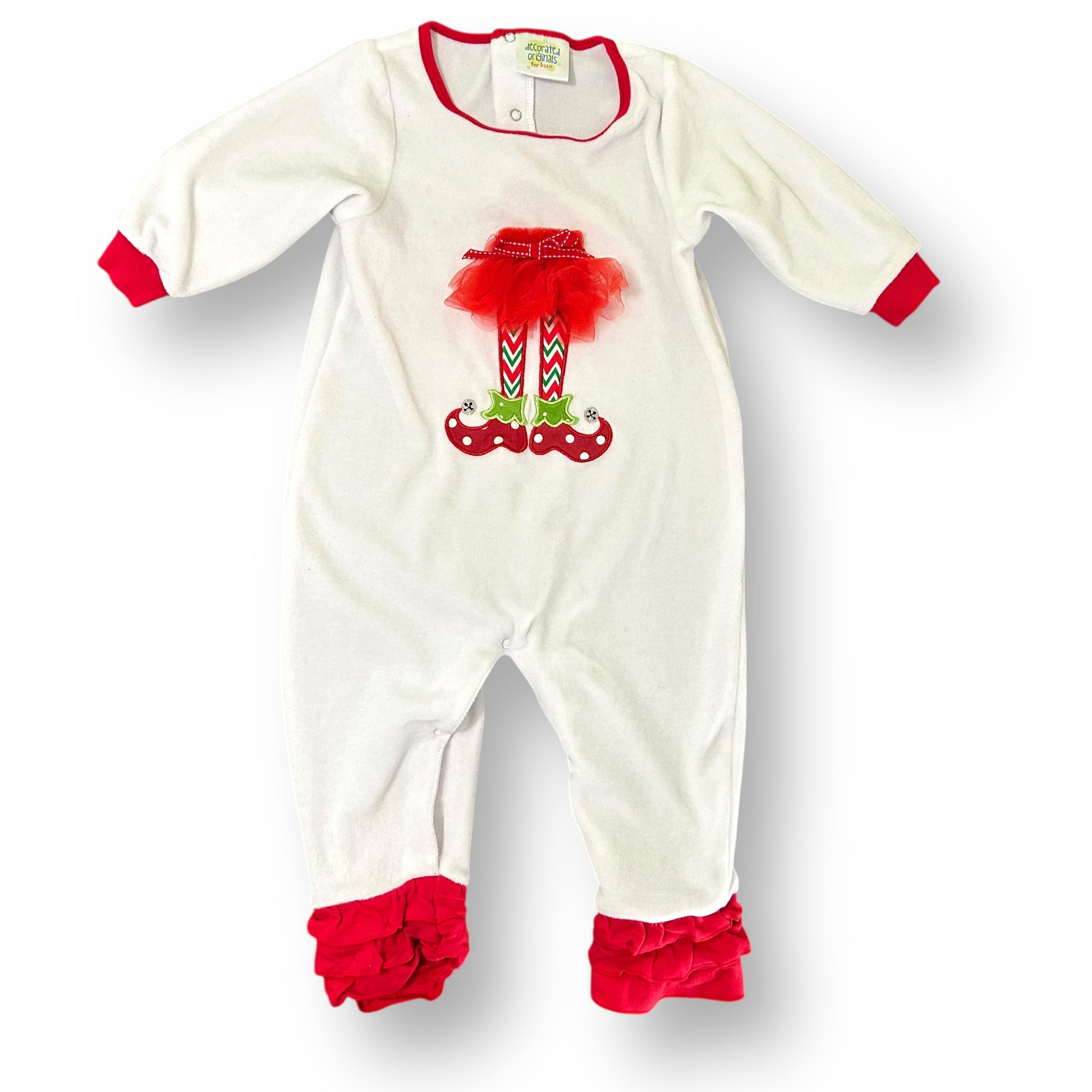 White baby onesie with red accents and Christmas-themed design on a white background