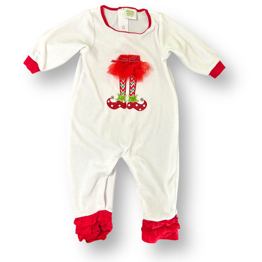 White baby onesie with red accents and Christmas-themed design on a white background