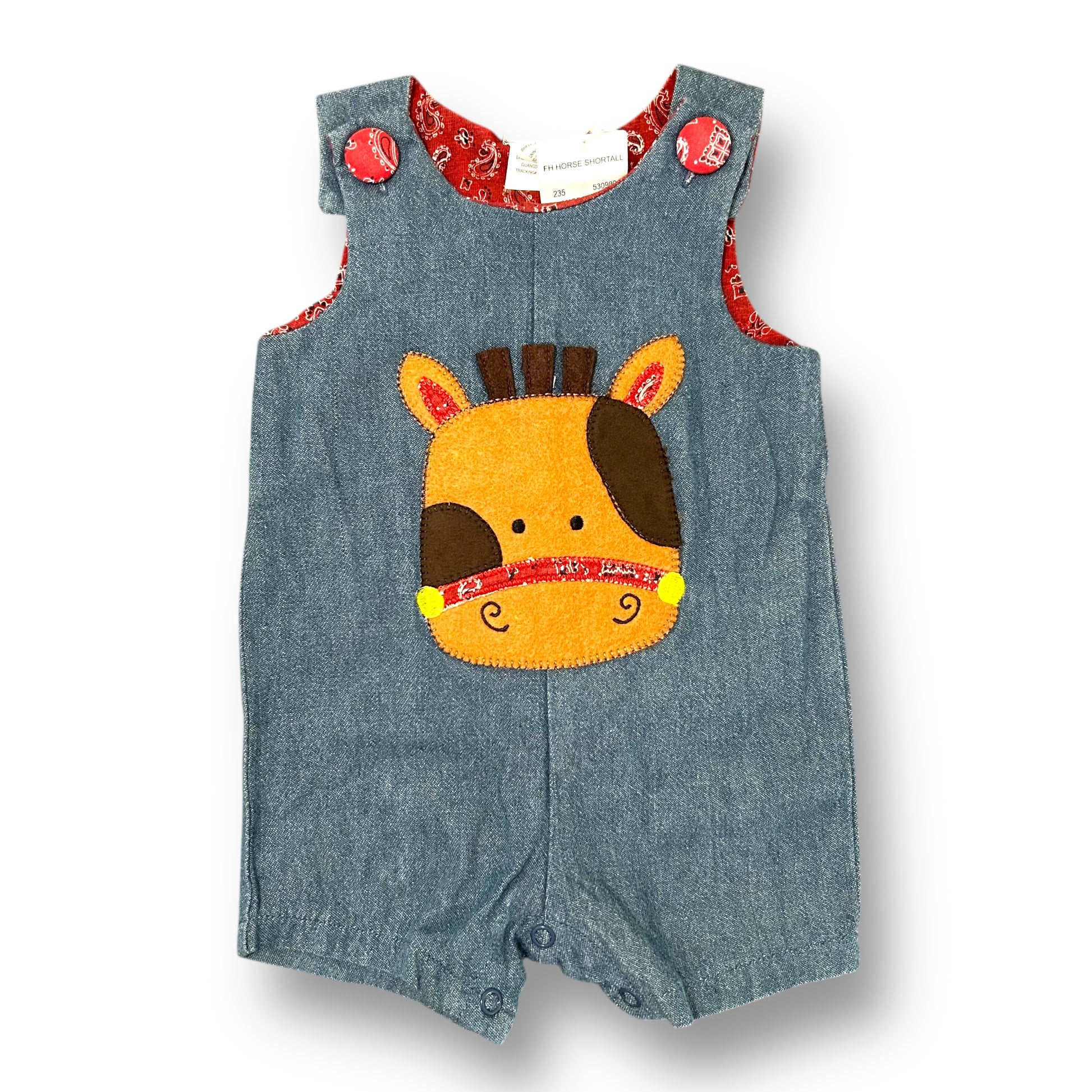 Denim baby romper with an embroidered horse face on a white background