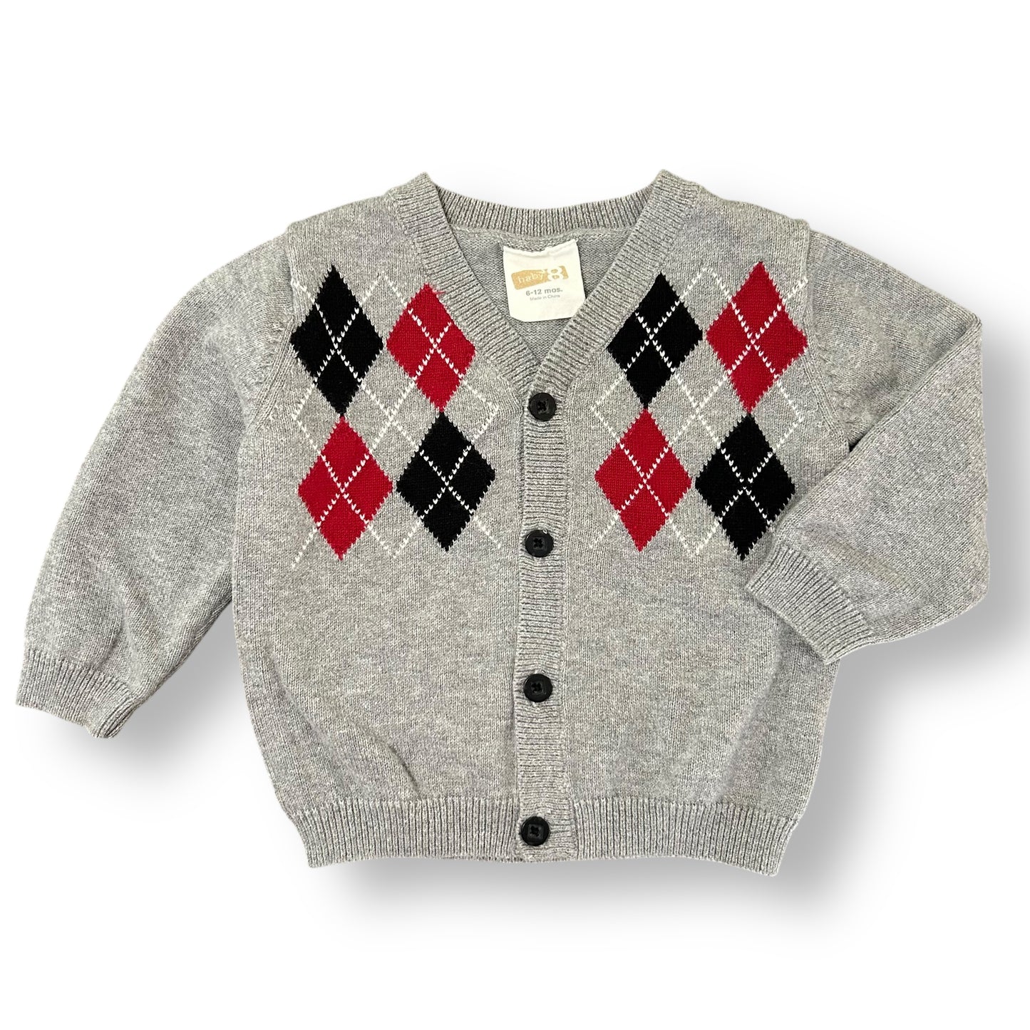 Gray children's sweater with argyle pattern on a white background