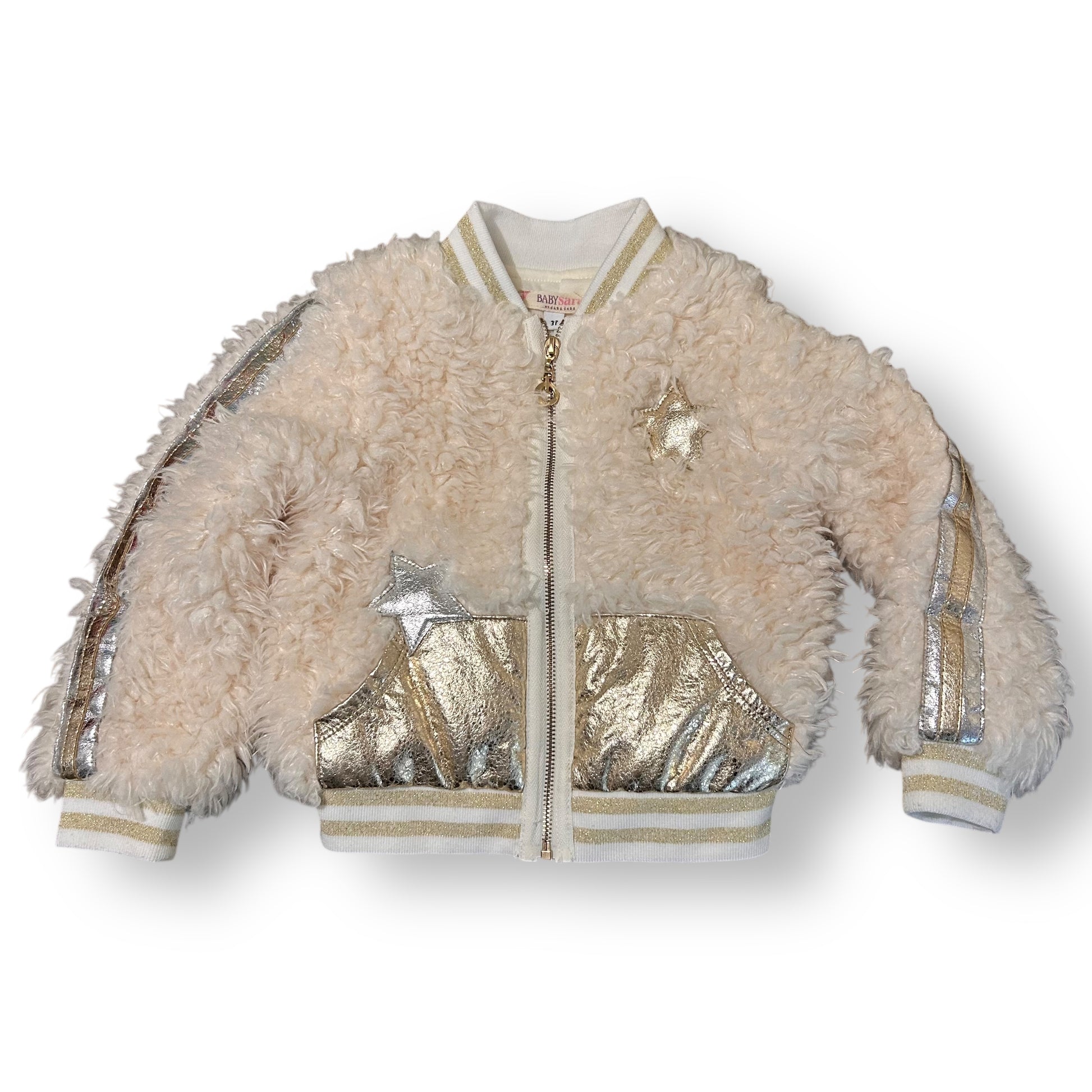 Beige bomber jacket with fur trim and metallic accents on a white background