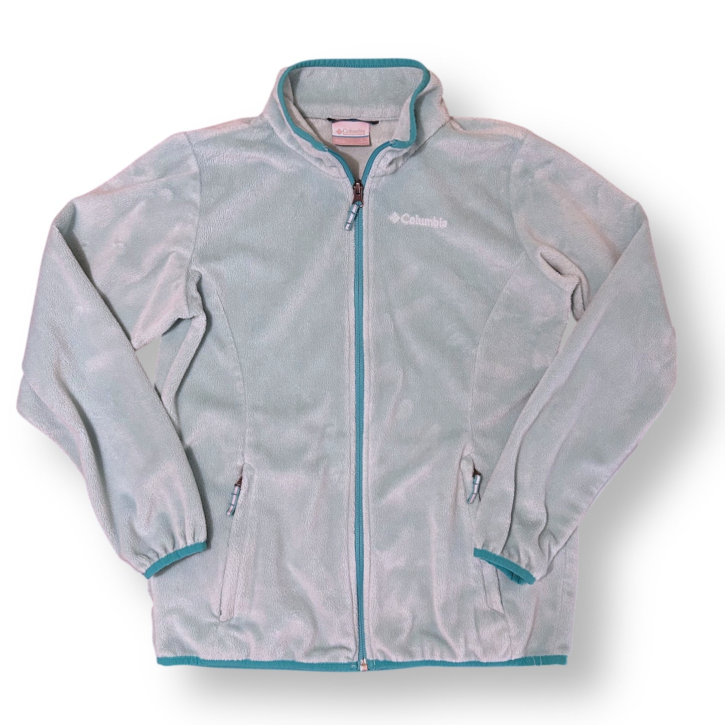 Light blue fleece jacket with teal accents on a white background