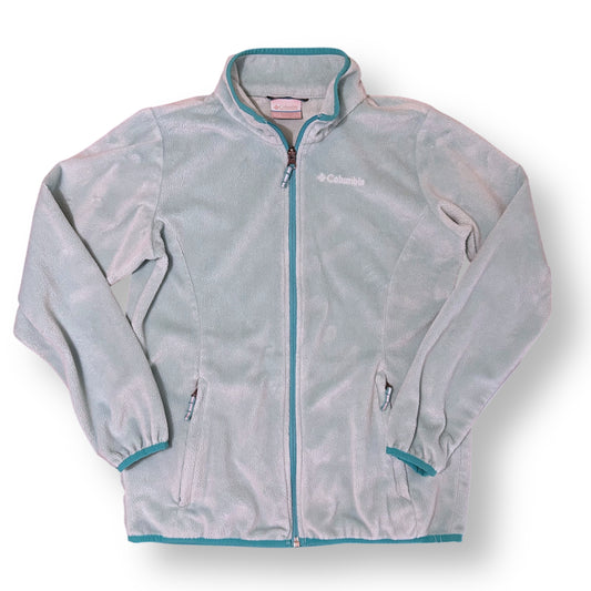 Light blue fleece jacket with teal accents on a white background