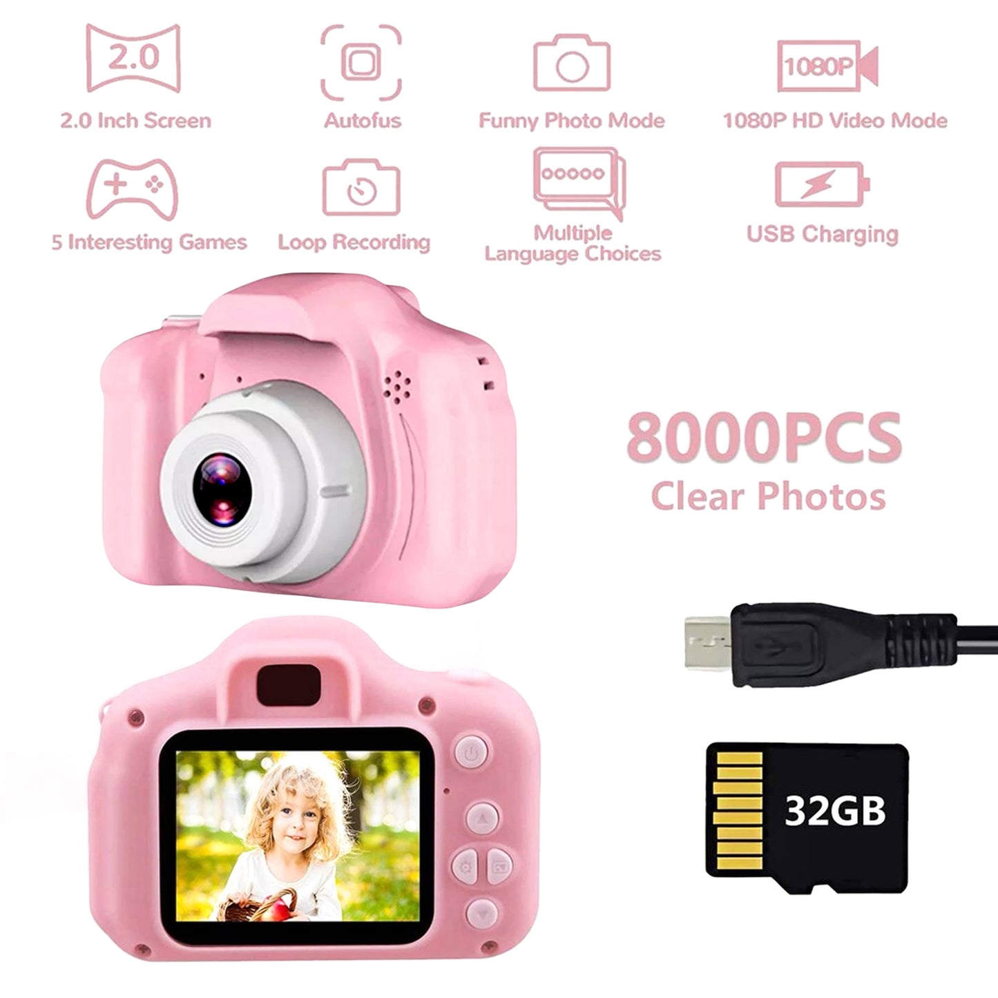 NEW! Kids Digital Camera USB Charge 1080p HD with Video Recorder, Pink