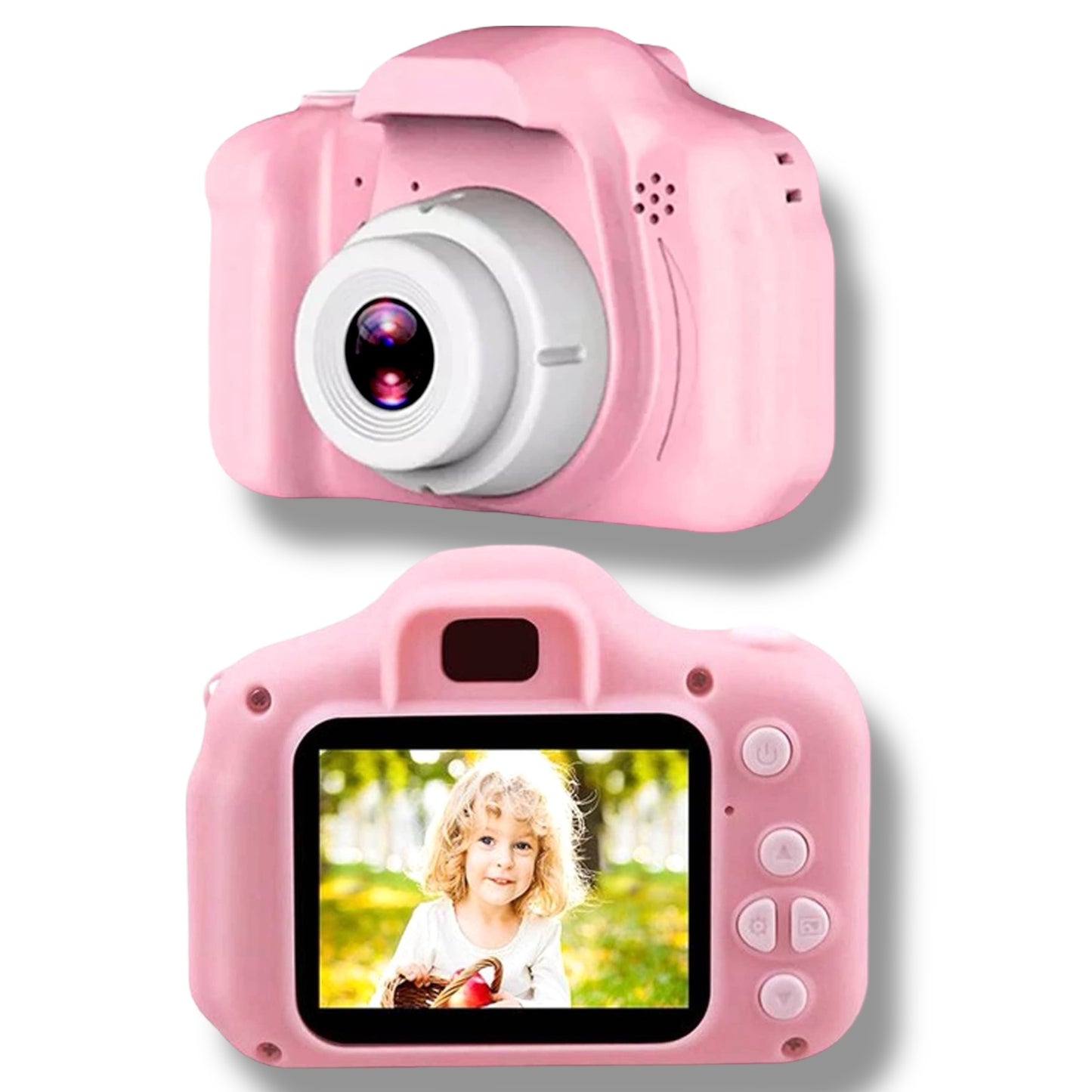 Pink children's camera with screen displaying a child's photo on a white background