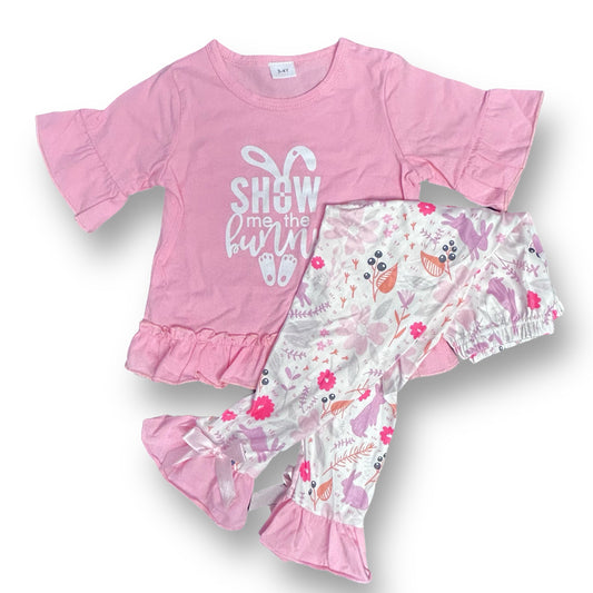 Girls Size 3/4T Outfit Pink & White 2pc Ruffled Pants Set