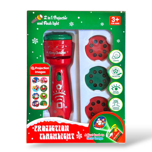 Red projection flashlight with green packaging on a white background
