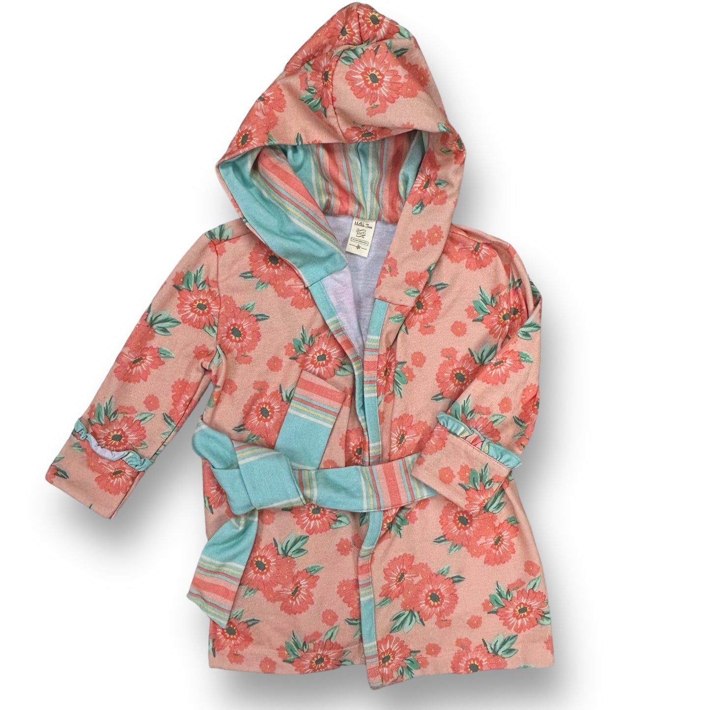 A hooded robe for girls, featuring an orange and blue floral pattern. The robe has a zipper and is designed with a hood.