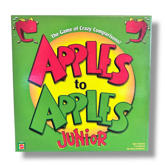 Board game box for 'Apples to Apples Junior' with colorful text and apple graphics on a green background.