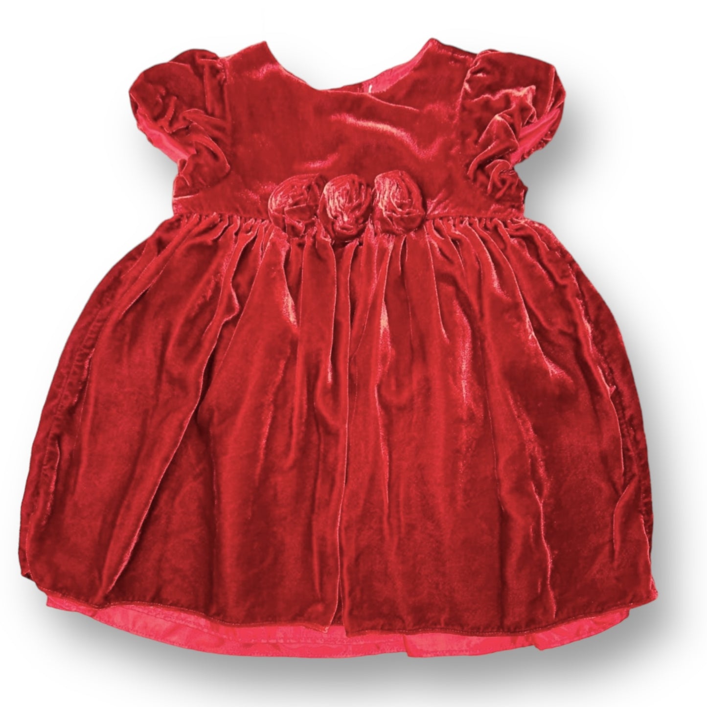 A dark red velvet holiday dress for girls, featuring a round neckline and short sleeves.