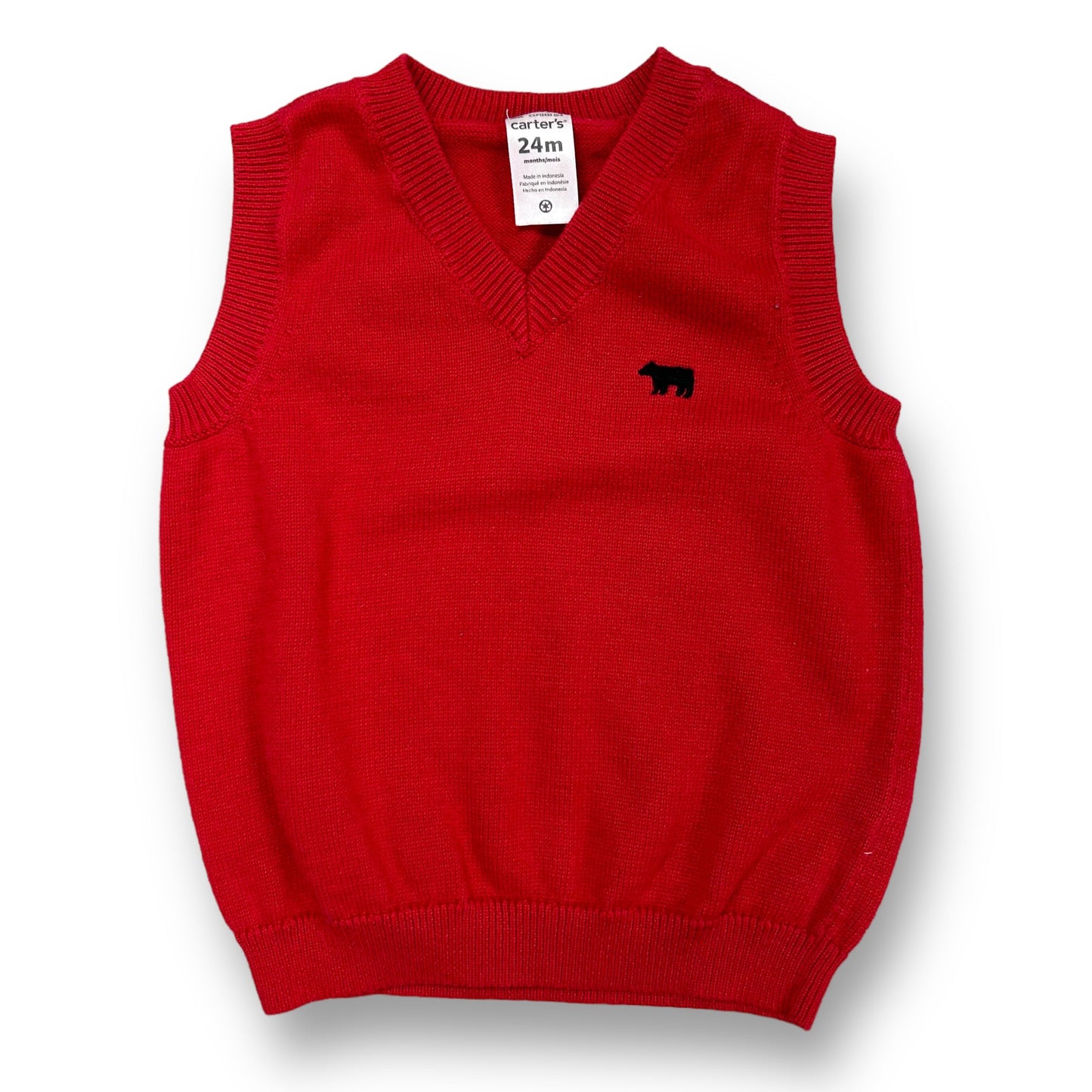 A red knit sweater vest for boys, with a small animal logo on the chest area.