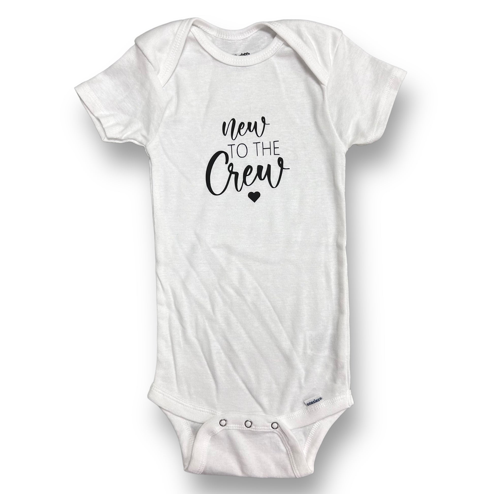 White short-sleeved onesie with 'NEW TO THE CREW' printed in black text on the front.