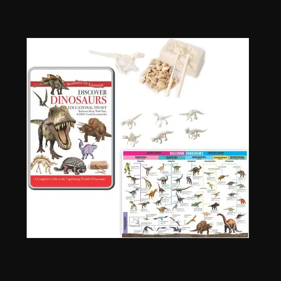 Discover Dinosaurs Educational Tin Set Book, Wall Chart, & Fossil Excavation Kit
