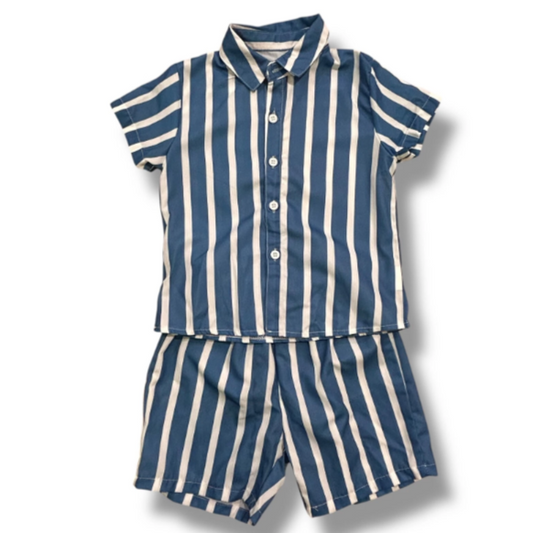 Boys Size 3/3T Blue & White Striped Silky Collared Shirt & Shorts Set