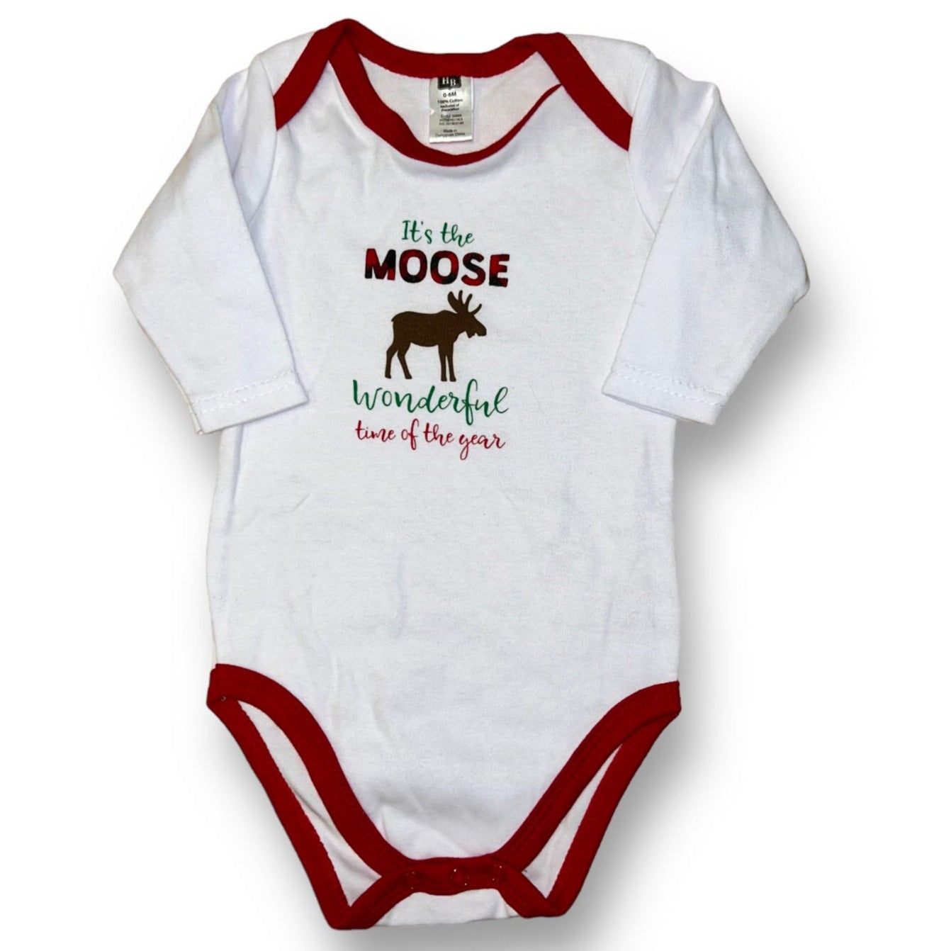 Boys HB Size 0-6 Months White Christmas Moose Long Sleeve Onesie