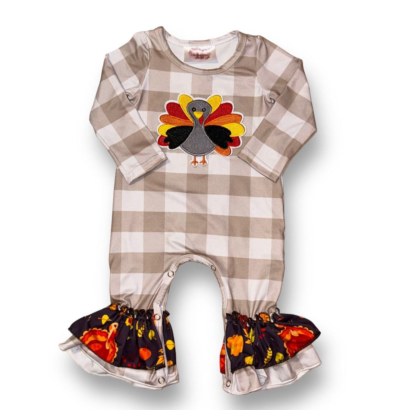 Girls Little Bear & Bean Size 6-12 Months Turkey Plaid Thanksgiving Romper