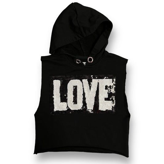 Girls Mia Size 10/12 M Black Sequin Love Cropped Sleeveless Hoodie Shirt