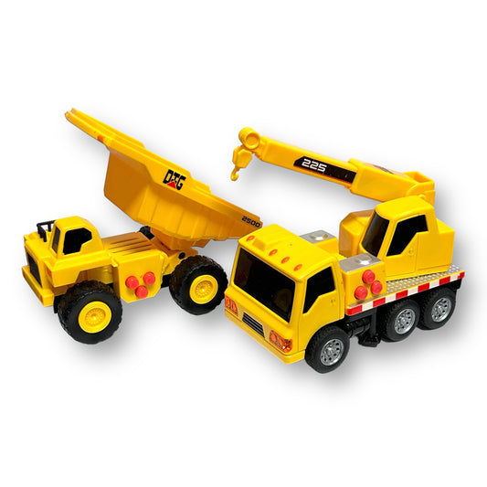 Crane and Dump Truck Toy Construction Vehicles with Lights & Sounds