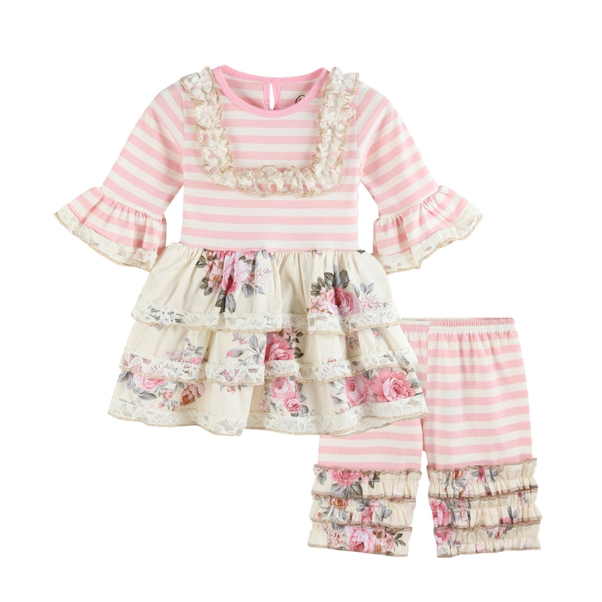 NEW! Ruffles by Tutu and Lulu Size 2T Pink & Floral Layered Dress and Capri Set