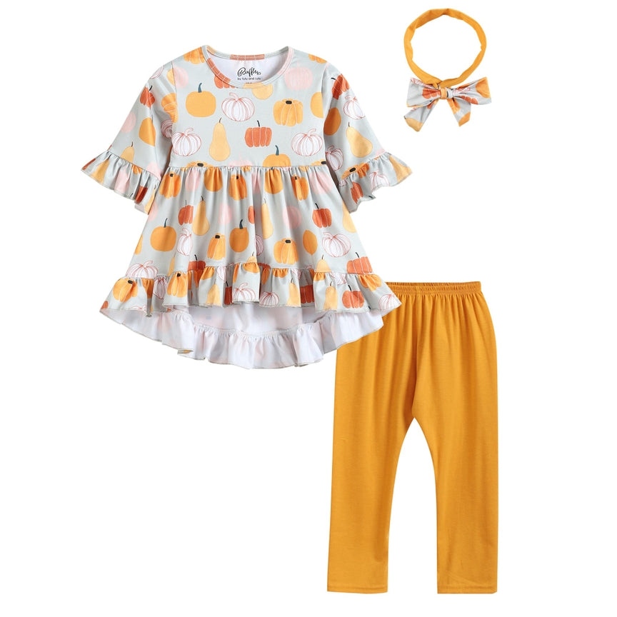 NEW! Ruffles by Tutu and Lulu Size 5Y Pumpkin Hi-Lo Top, Capris, & Headband Set