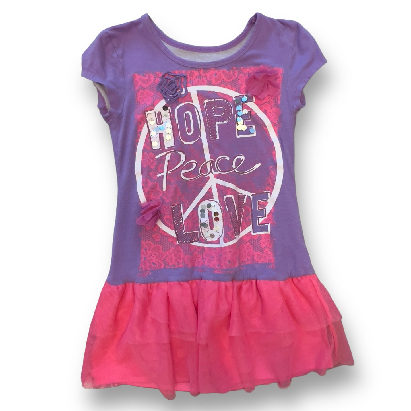 Girls Size 6 Short Sleeve Top Pink & Purple Hope Peace Love Tulle Bottom Tunic