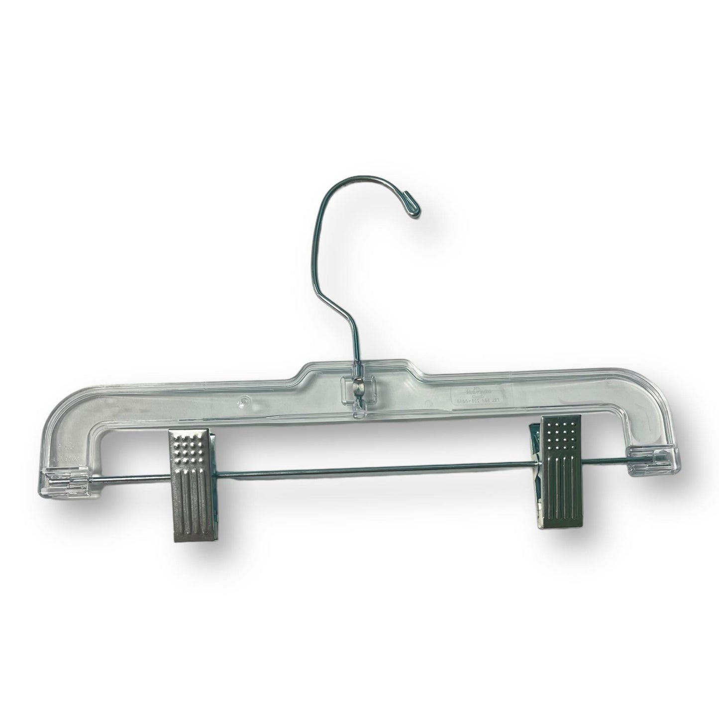 Clear plastic child's pants hanger with metal hooks and adjustable clip.