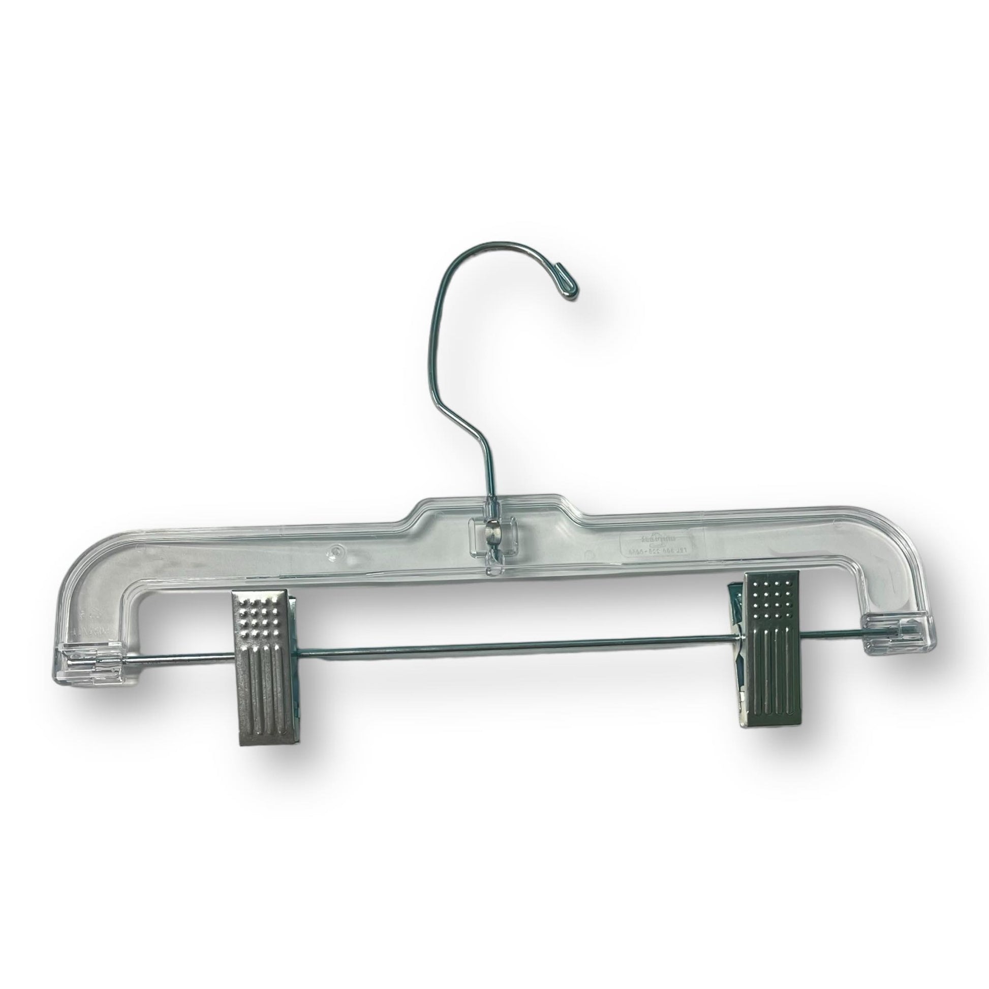 Clear plastic child's pants hanger with metal hooks and adjustable clip.