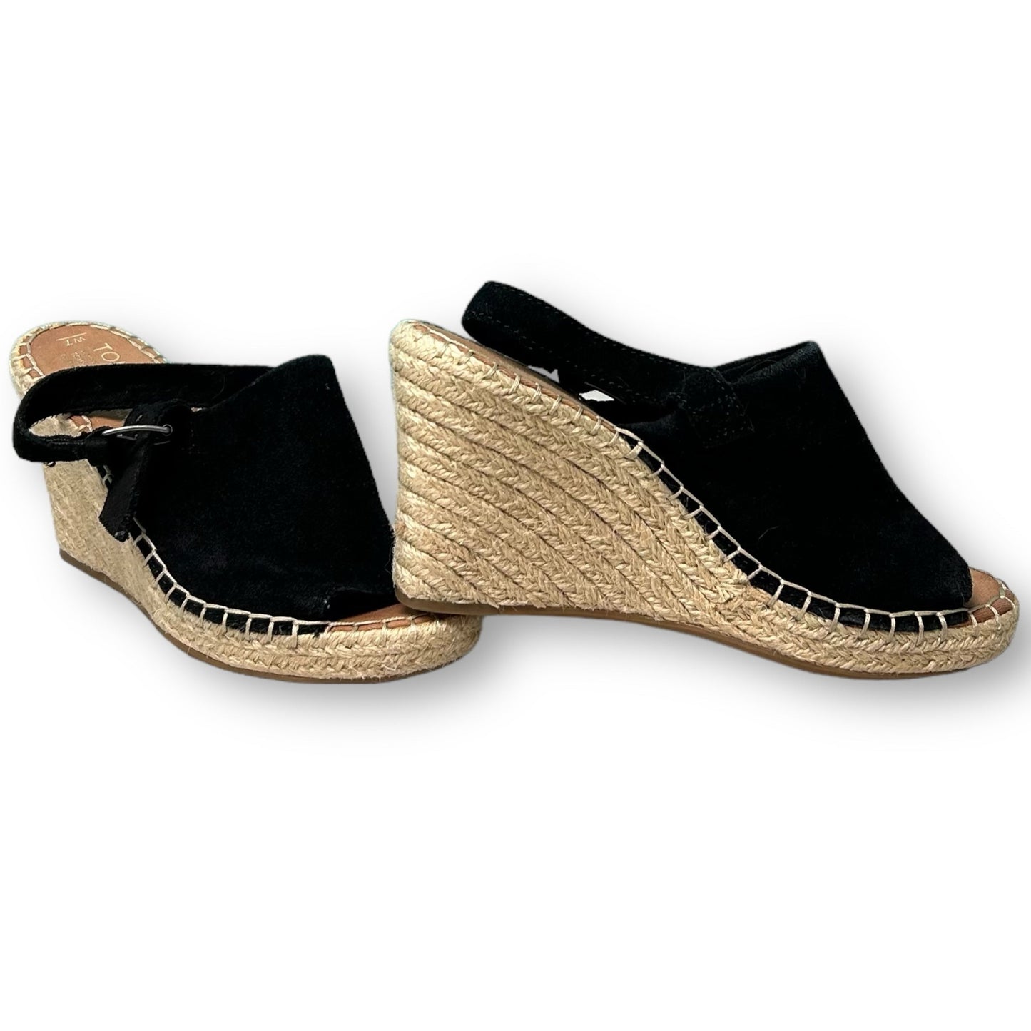 Toms Womens Size 7 Black Suede & Hemp Wedge Open-Toe Buckle Sandals