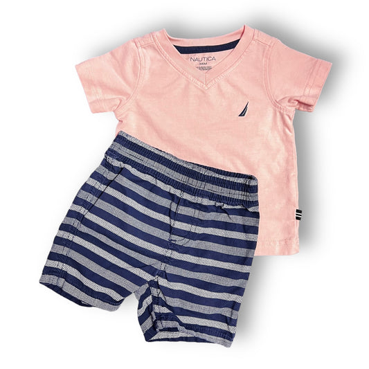 Boys Nautica Size 3-6 Months Pink/Blue Striped 2-Pc Outfit