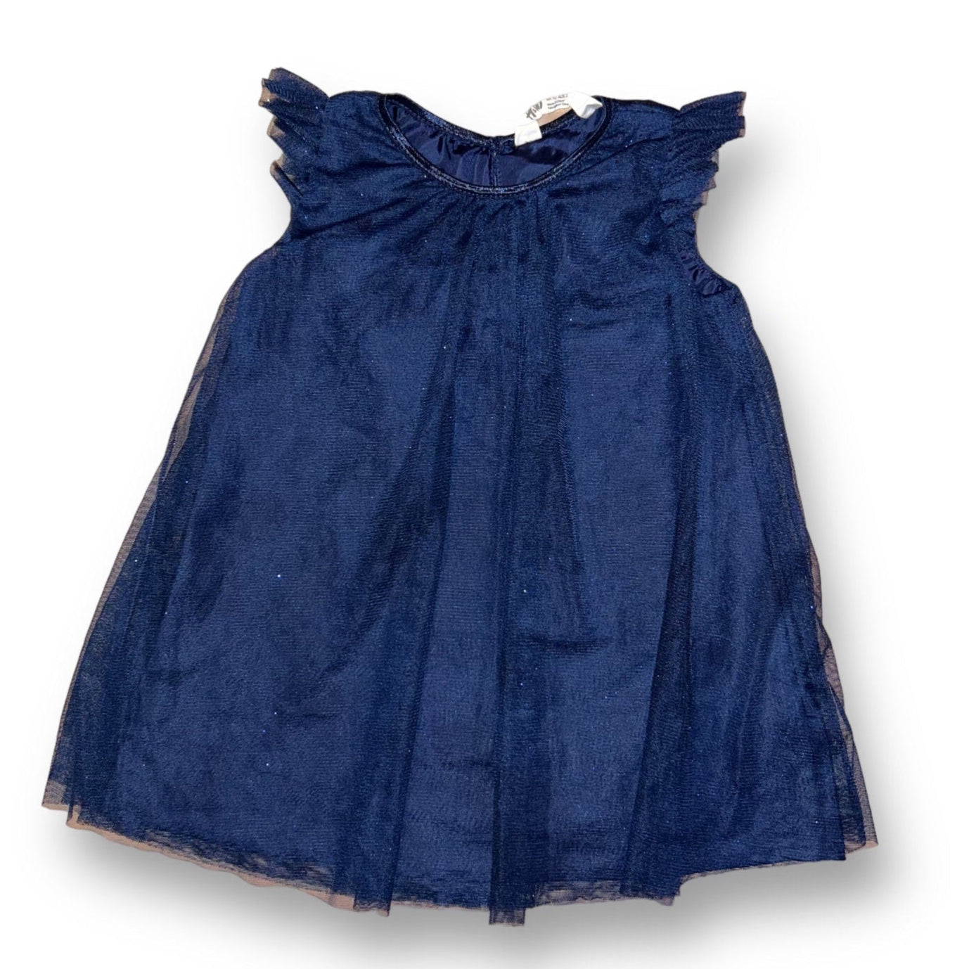 Navy blue babydoll dress with shimmering tulle and lace details, designed for 18-24 month old girls.