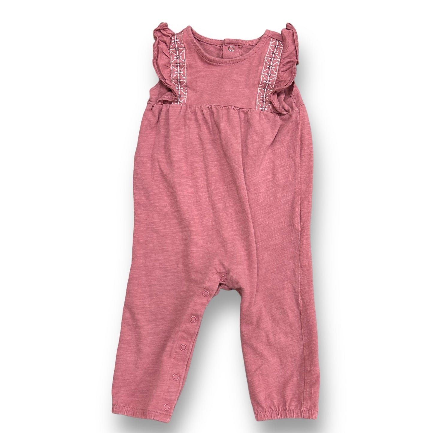 A dusty rose ruffle sleeve one-piece for a 12-month-old girl by Carter's.