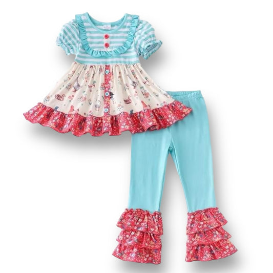 NEW! Girls Size 2 Farm Animal Print & Aqua Striped 2-Pc Ruffle Outfit
