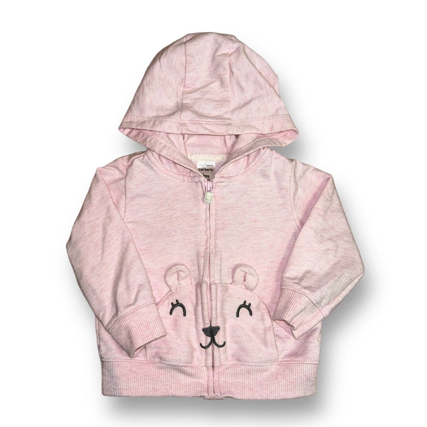 A pink teddy-textured hoodie for girls with a zippered front, featuring a bear face design on the hood.