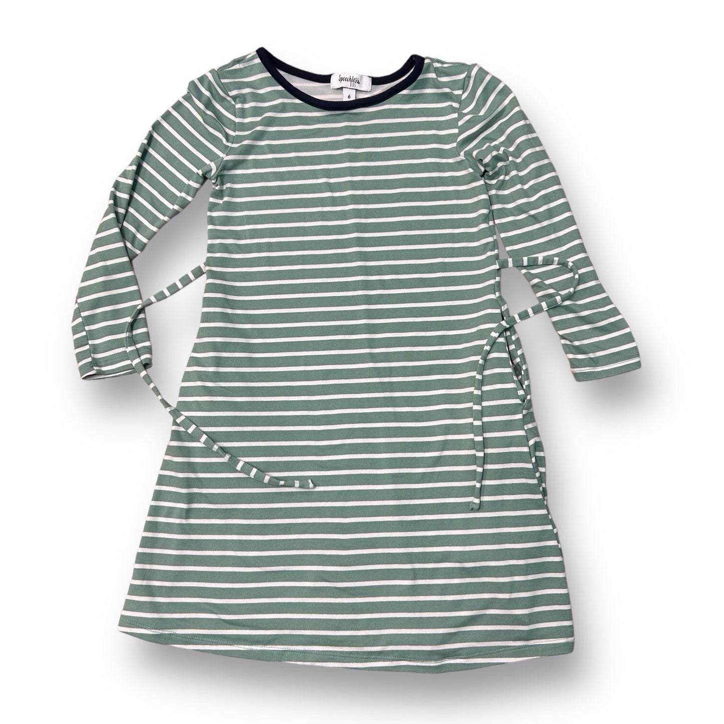 Speechless Girls Size 6 Sage Green Striped Soft Knit Tie-Back Long Sleeve Dress