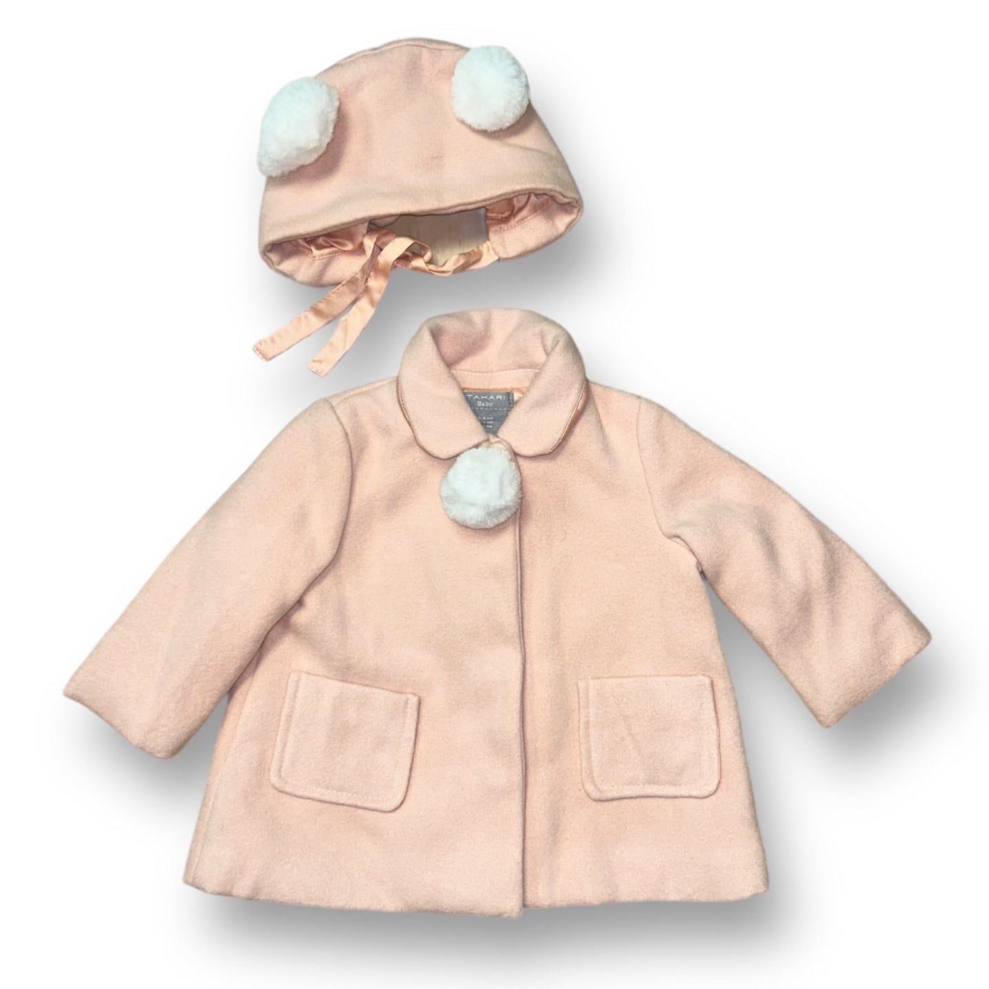 A pink baby pea coat and hat set designed for girls, presented in a two-piece set with the coat featuring a round neckline and long sleeves, and the hat with earmuffs attached to the hood.