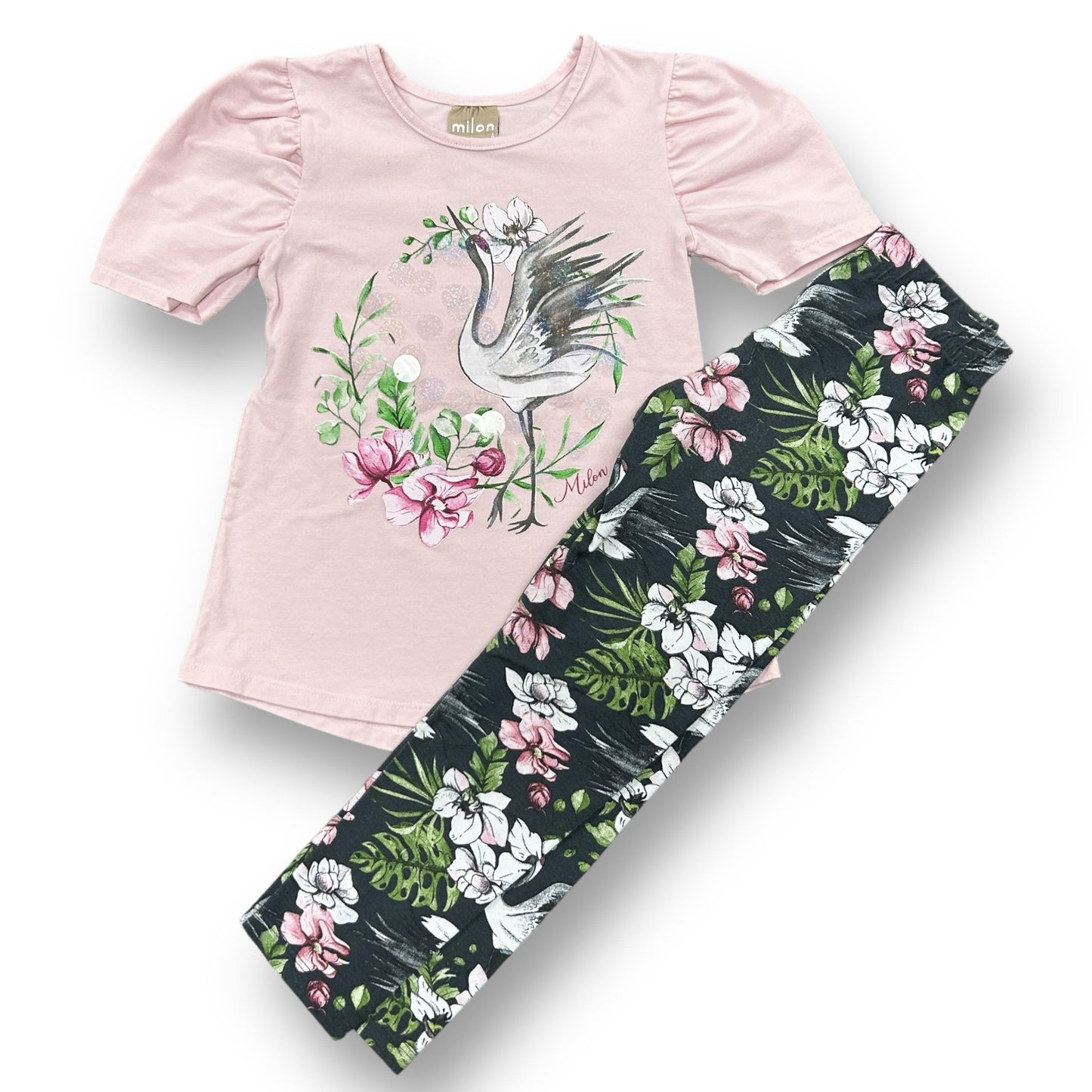 Milon Girls Size 4 Outfit Pink and Navy Sequin Swan Floral Print 2-Pc Pants Set