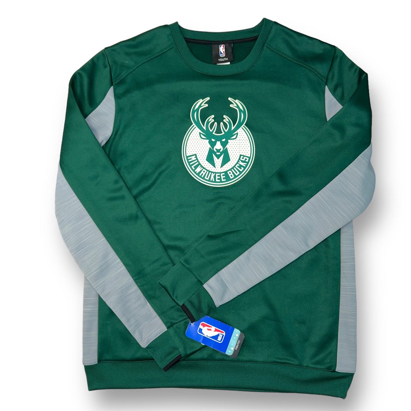 NEW! Boys NBA Size YXL 14/16 Green & Gray Milwaukee Bucks Pullover