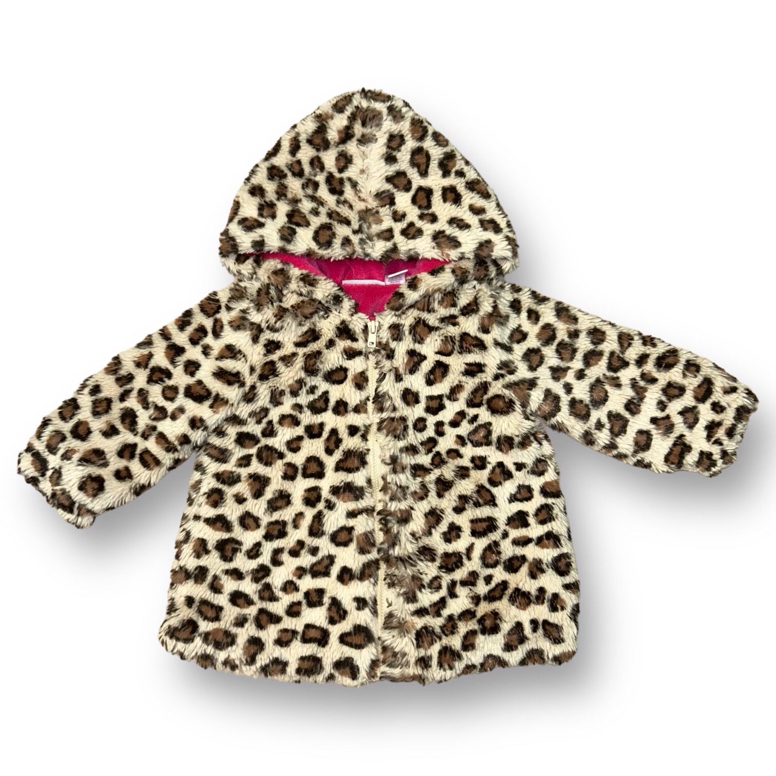 A beige faux fur leopard print coat for girls, featuring a hood and long sleeves.