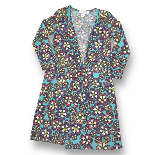 Girls Size 4 Sweater Blue Pink Purple Colorful Flowers Full Length Maxi Cardigan