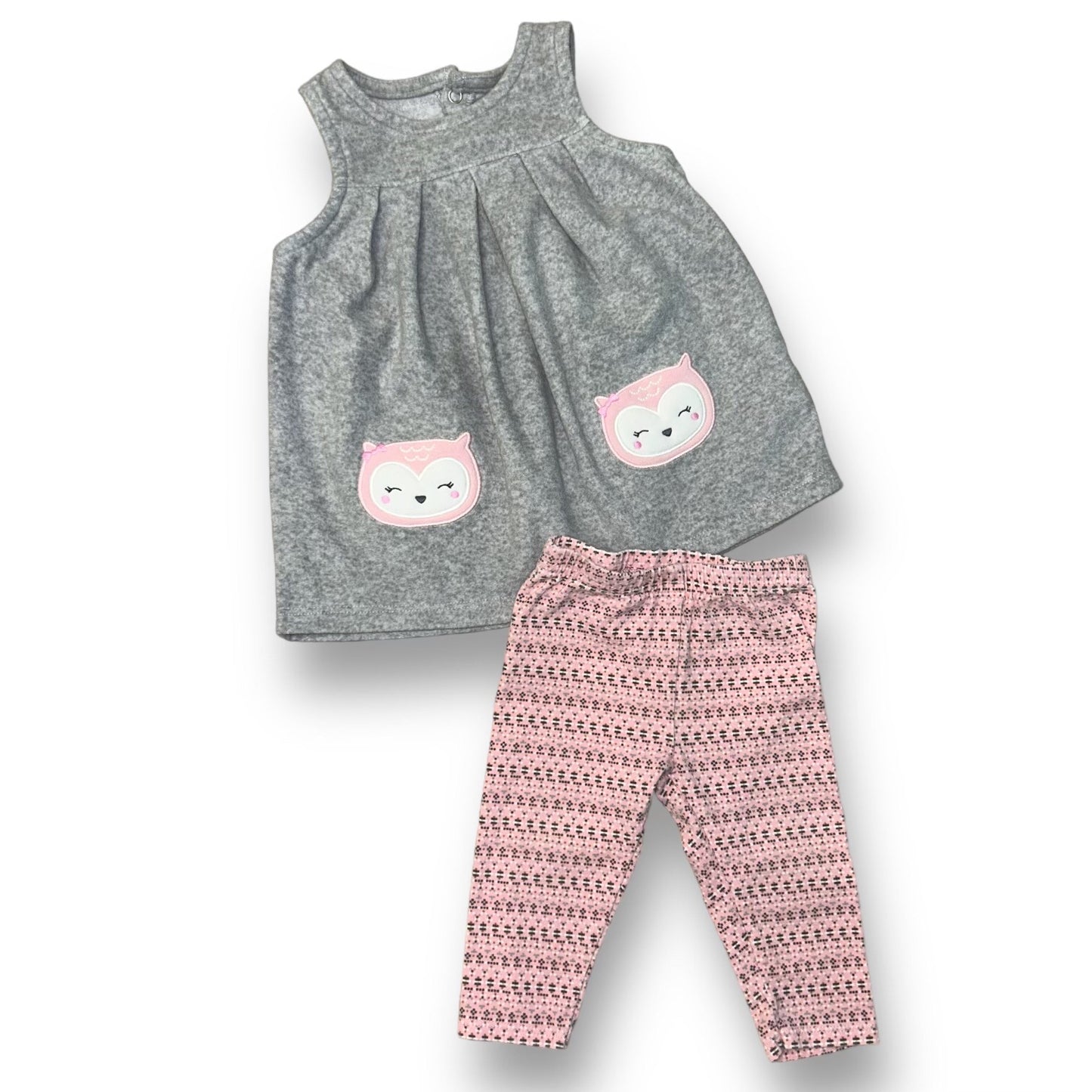 Carter's Girls 6 Months Outfit 2-Piece Gray Fleece Top and Pink Owls Pants Set