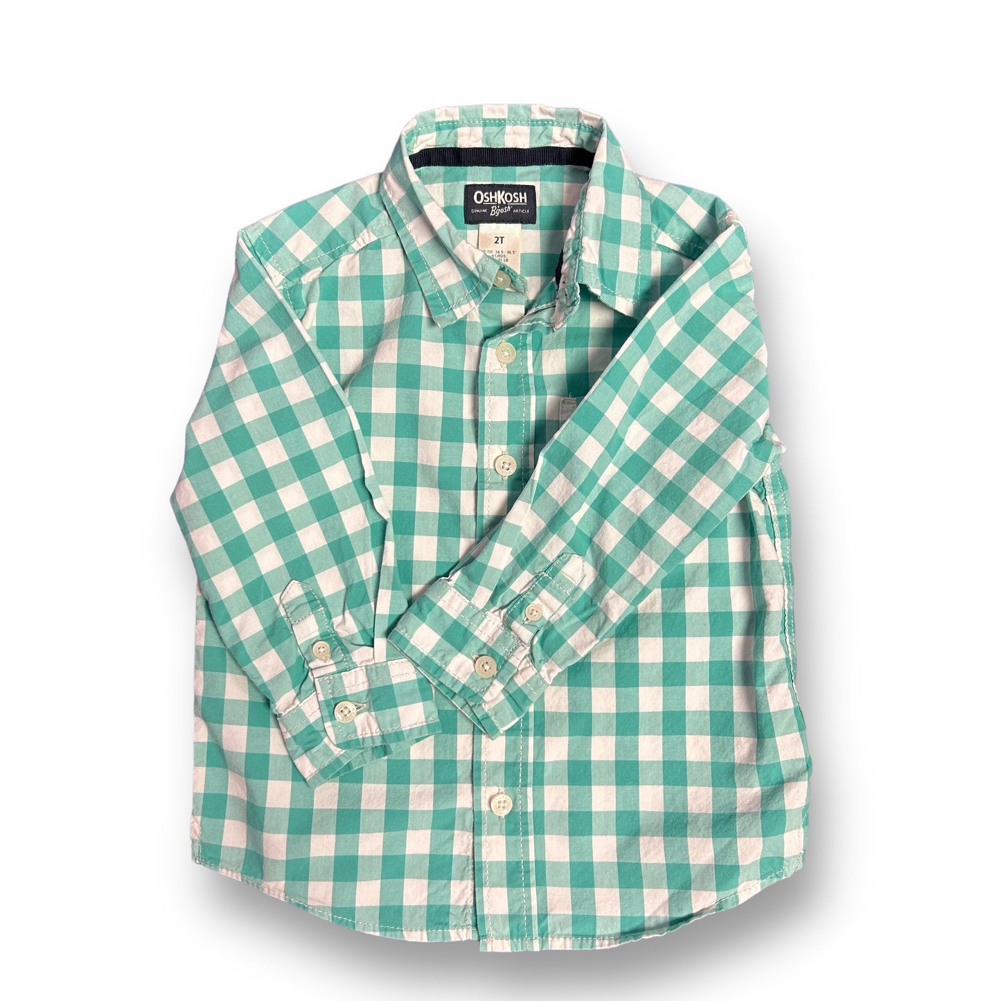 OshKosh Boys Size 2T Green & White Checkered Long Sleeve Button Up Shirt