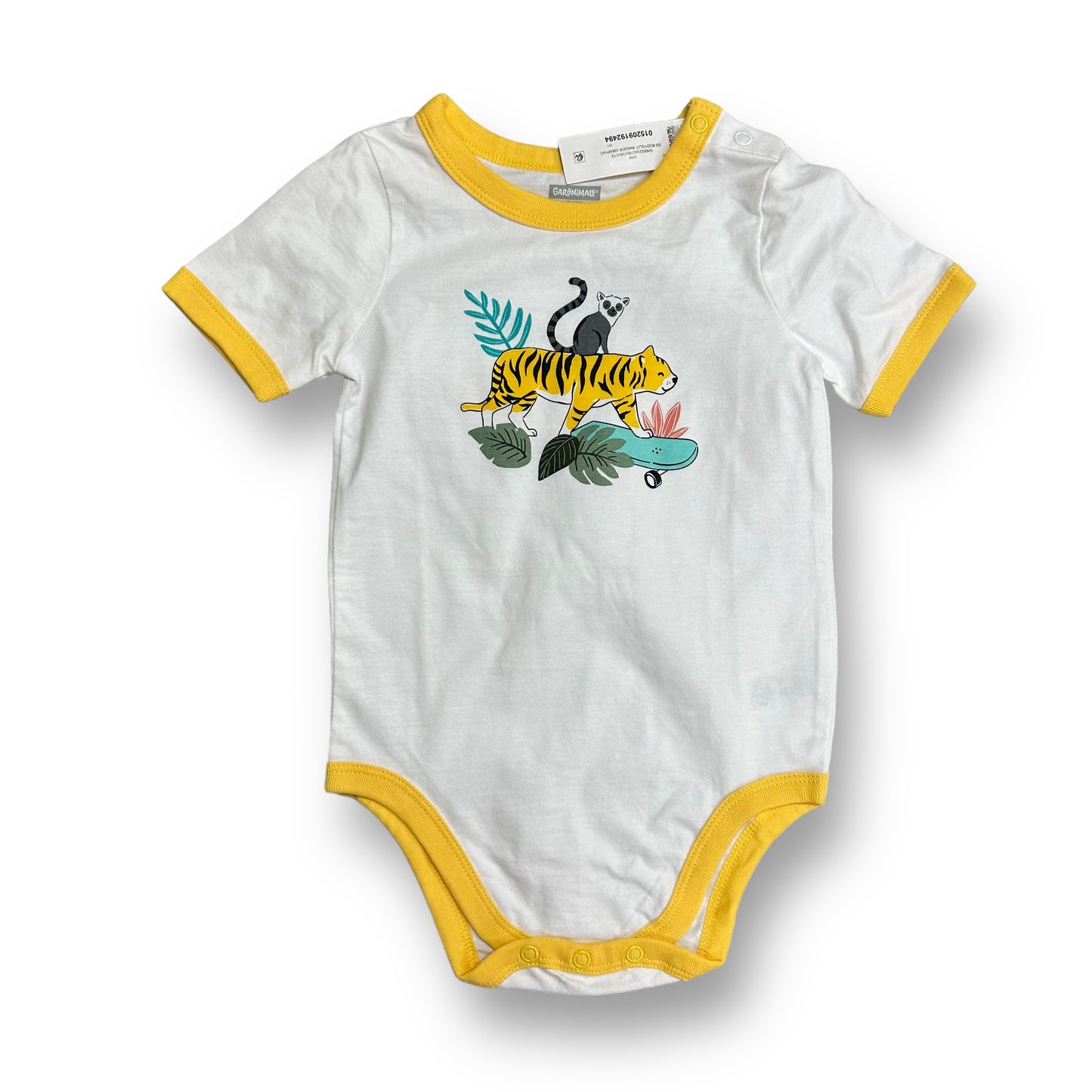 A white short-sleeved baby onesie with a tiger and jungle print at the bottom.