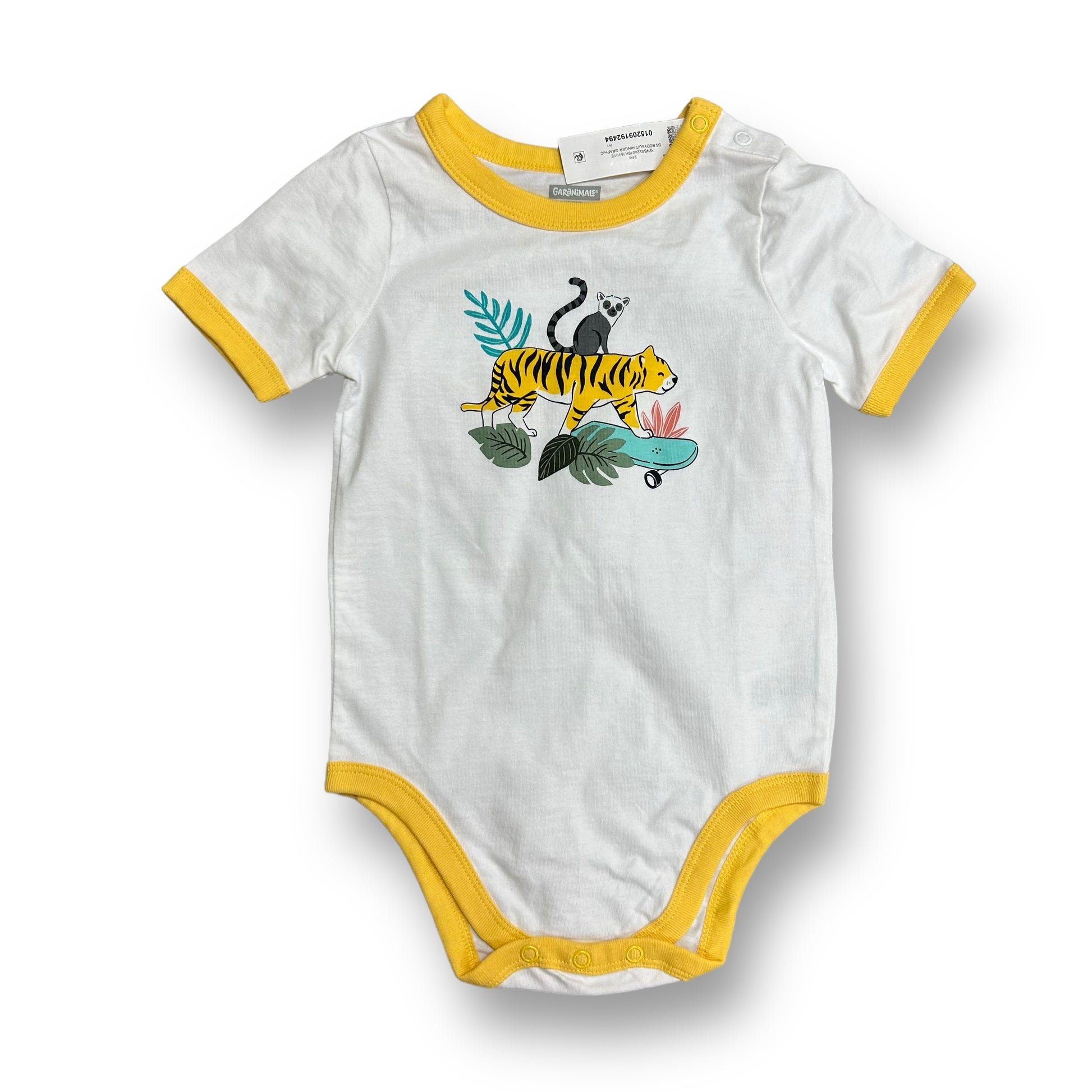 A white short-sleeved baby onesie with a tiger and jungle print at the bottom.
