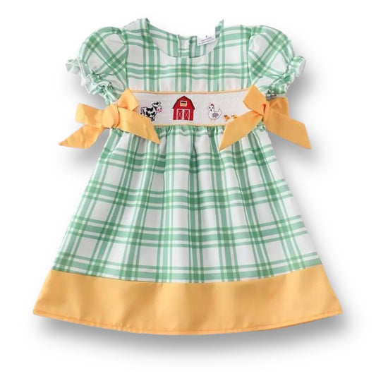 NEW! Girls Size 3 Smocked Farm Animals Plaid Dress with Ribbon Accents