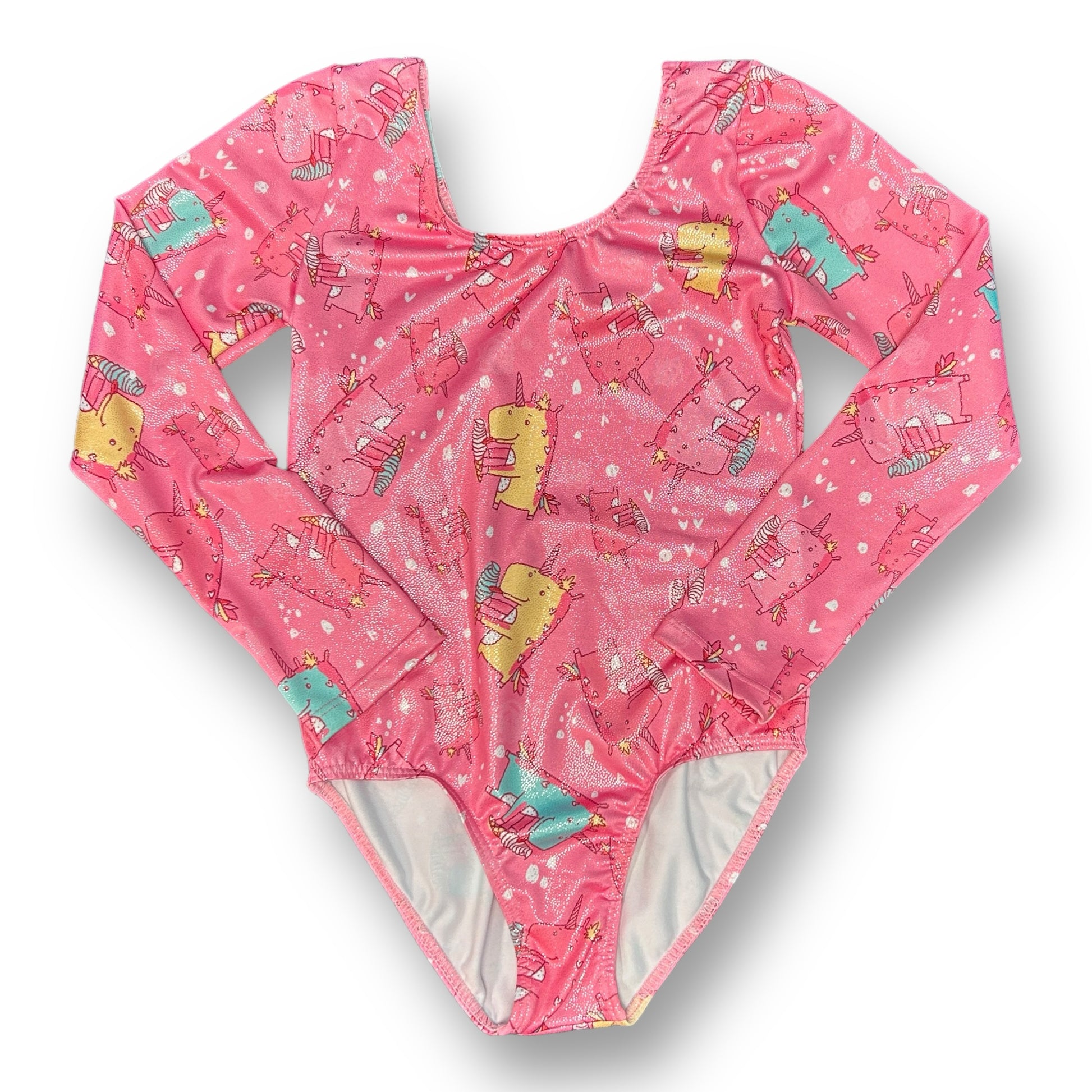 A pink long sleeve dance leotard with dinosaur print and a V-neckline.