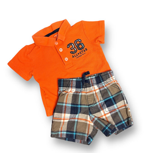 Boys Carter's Size 9 Months Orange/Navy Plaid 2-Pc Polo & Shorts Outfit