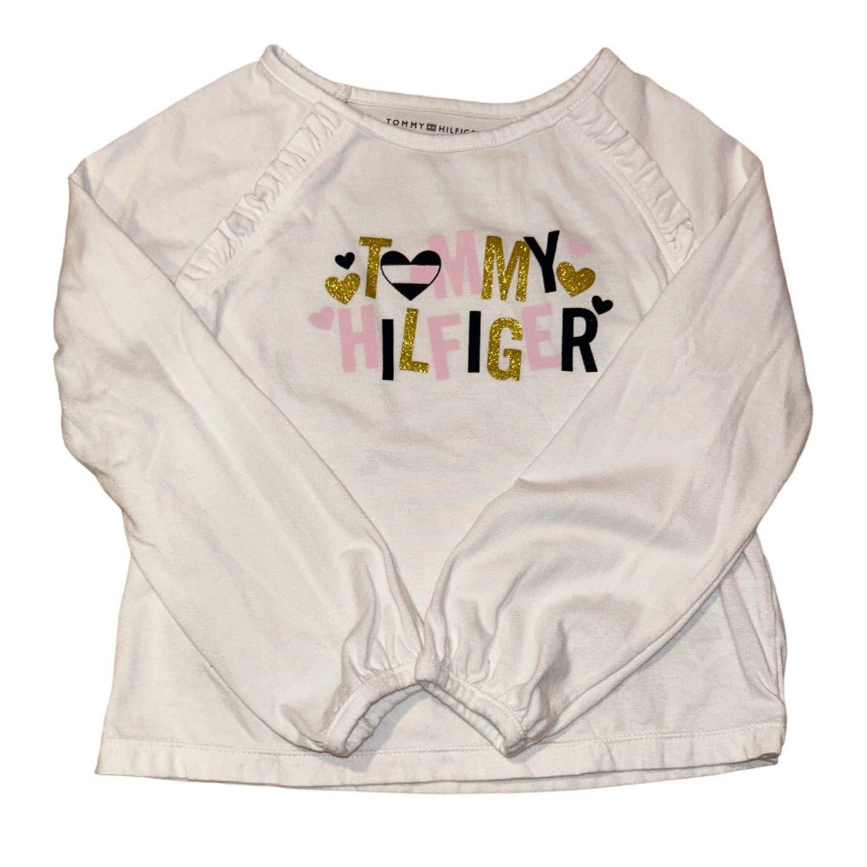 Girls Tommy Hilfiger Size 5 White Shimmer Hearts Long Sleeve Top