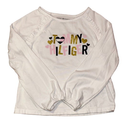 Girls Tommy Hilfiger Size 5 White Shimmer Hearts Long Sleeve Top