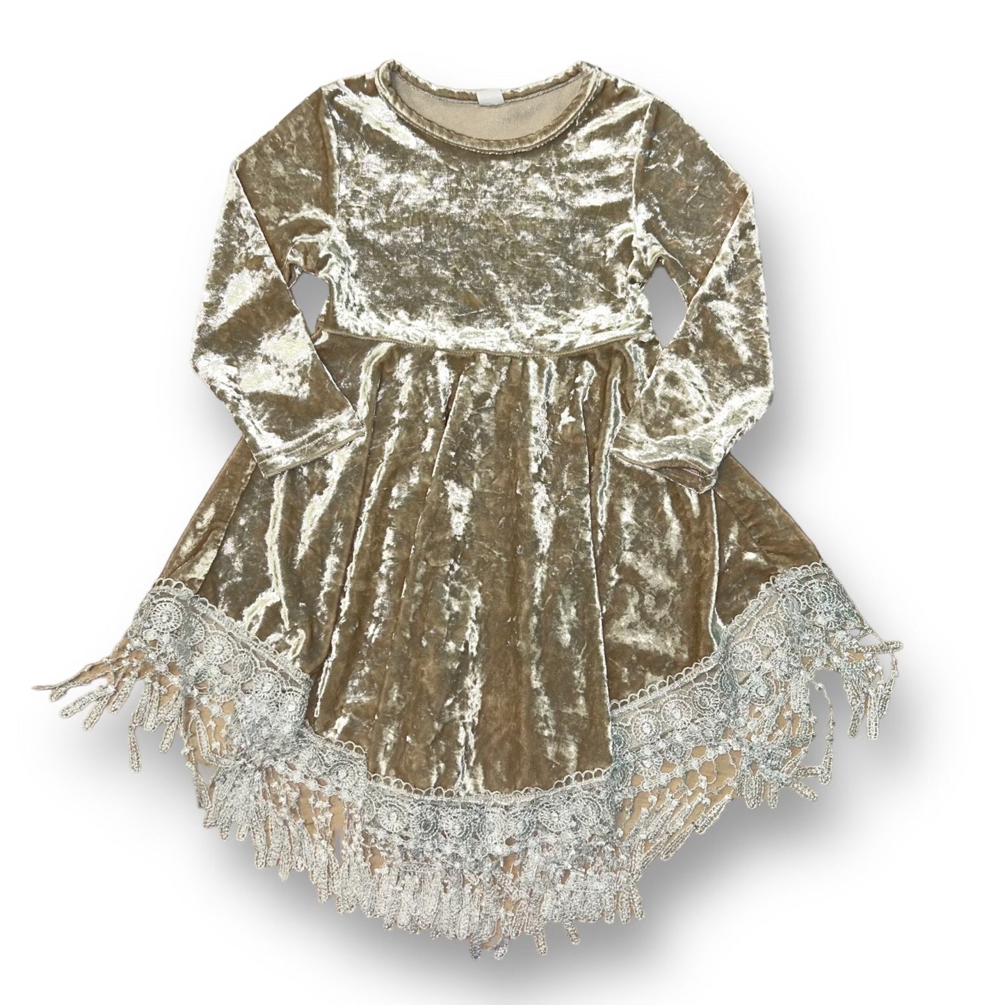 Girls Size 4/5 Gold Crushed Velvet Long Sleeve Dress with Fringe Lace Accents