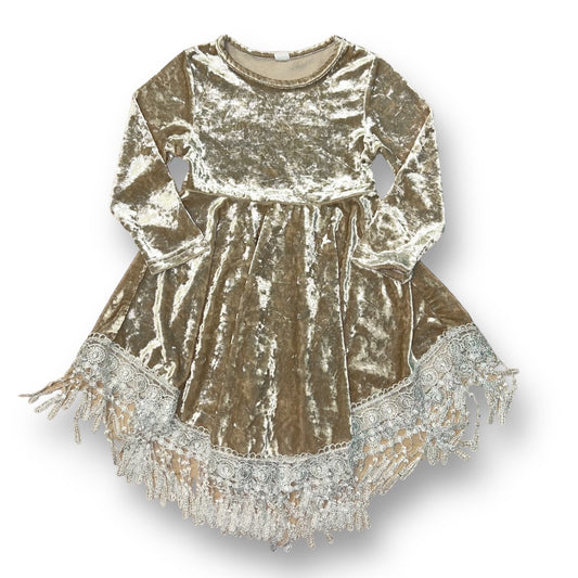 Girls Size 4/5 Gold Crushed Velvet Long Sleeve Dress with Fringe Lace Accents